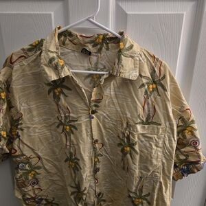 Tan and Green Casual Button Down Shirt with Tropical Design